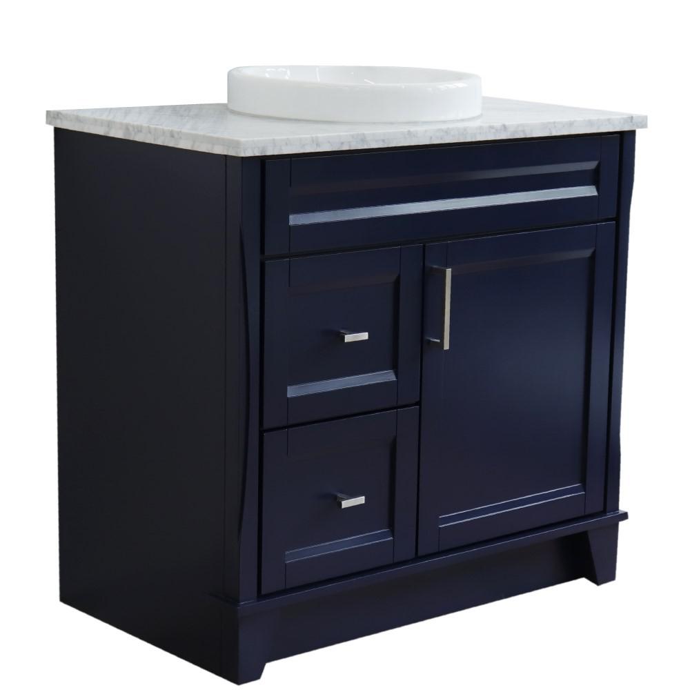 Single sink vanity in Blue with White Carrara marble and CENTER round sink. Picture 1