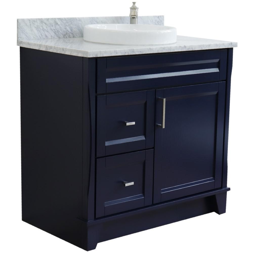 Single sink vanity in Blue with White Carrara marble and CENTER round sink. Picture 6