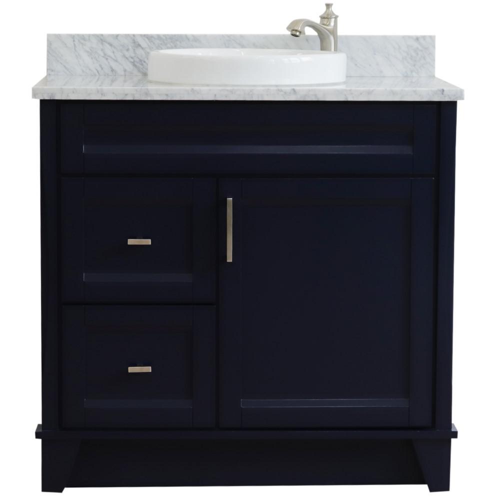 Single sink vanity in Blue with White Carrara marble and CENTER round sink. Picture 8
