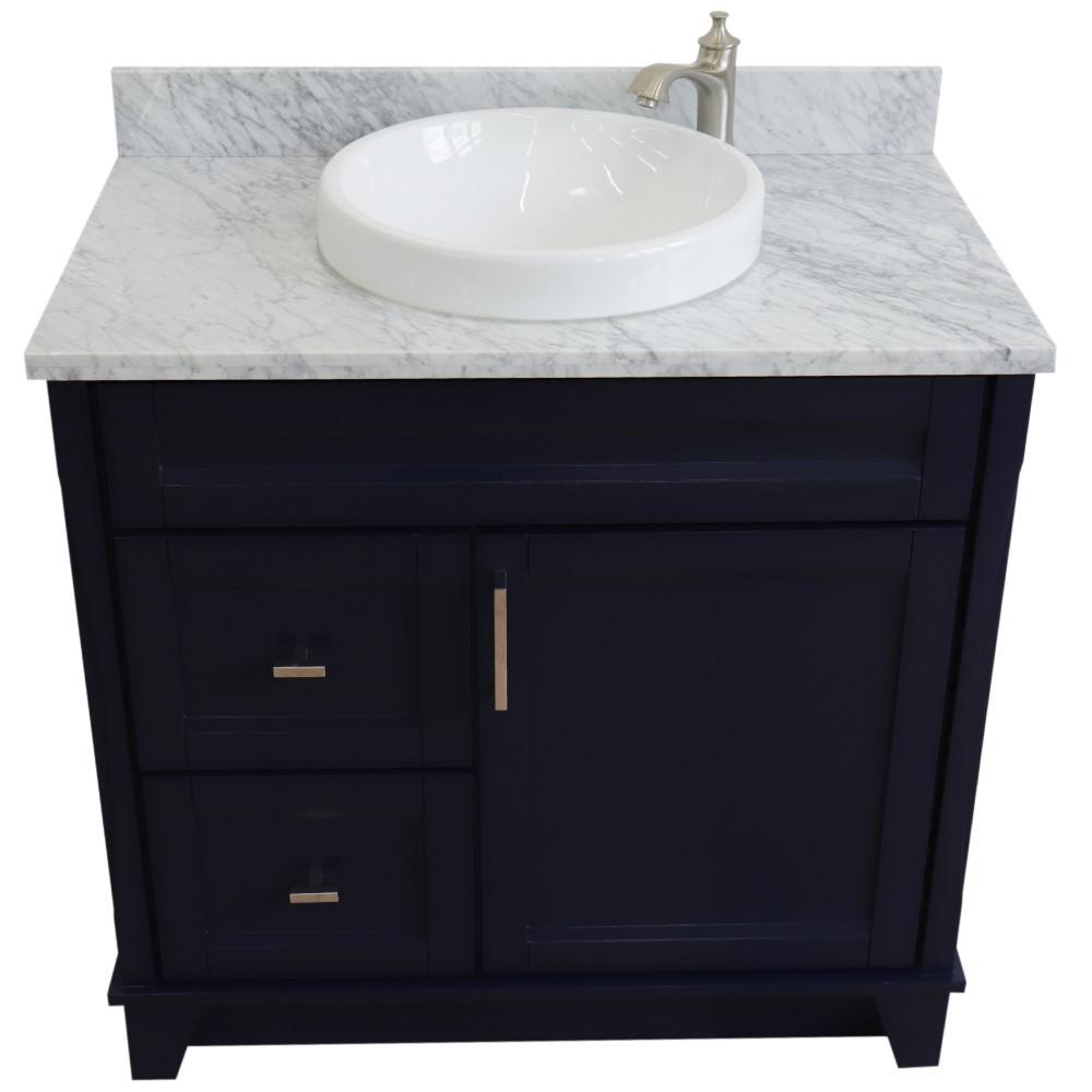 Single sink vanity in Blue with White Carrara marble and CENTER round sink. Picture 10