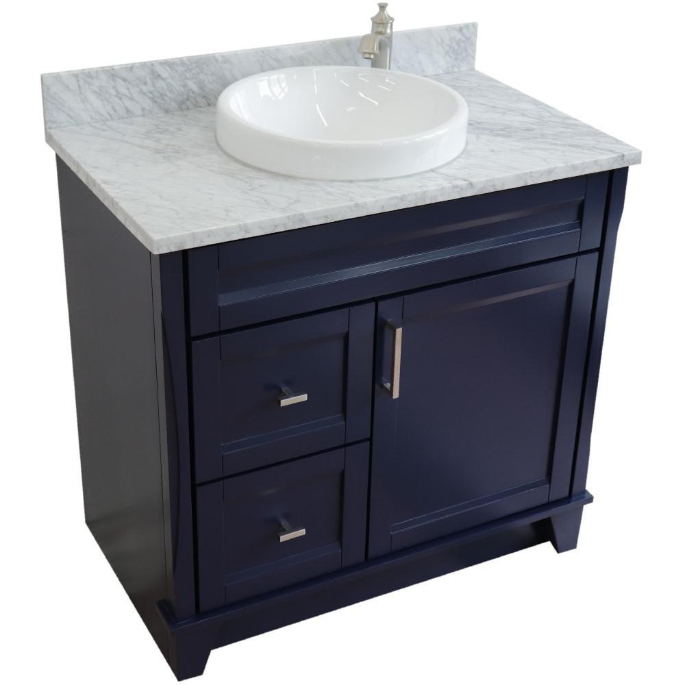 Single sink vanity in Blue with White Carrara marble and CENTER round sink. Picture 11