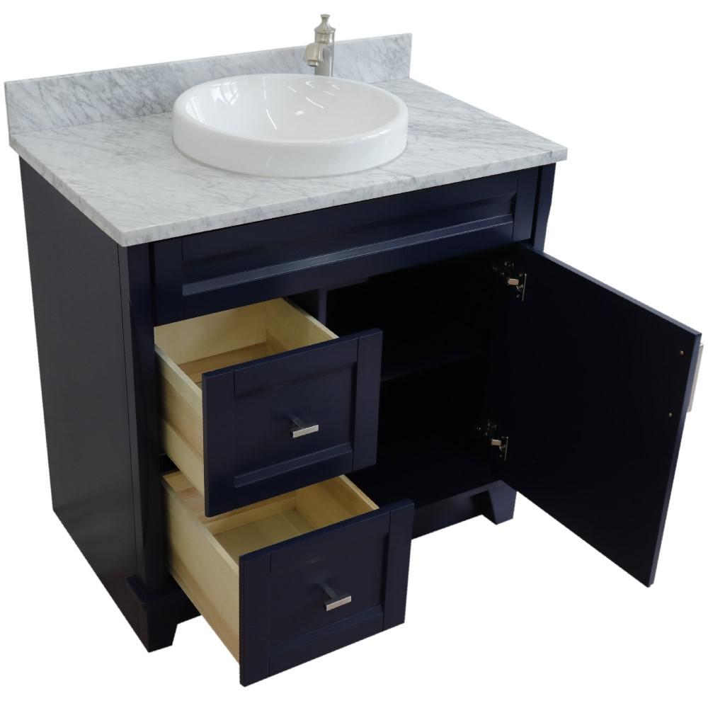 Single sink vanity in Blue with White Carrara marble and CENTER round sink. Picture 12