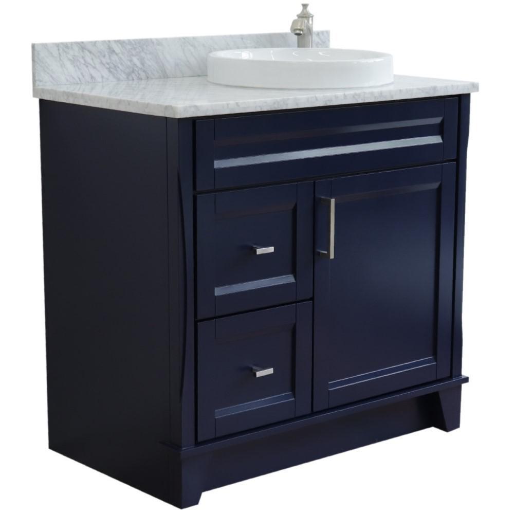 Single sink vanity in Blue with White Carrara marble and LEFT round sink. Picture 3