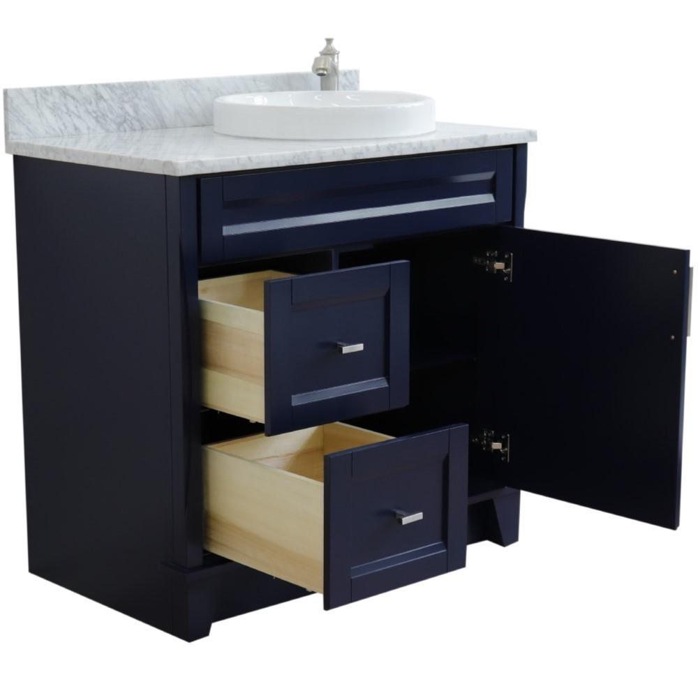Single sink vanity in Blue with White Carrara marble and LEFT round sink. Picture 4