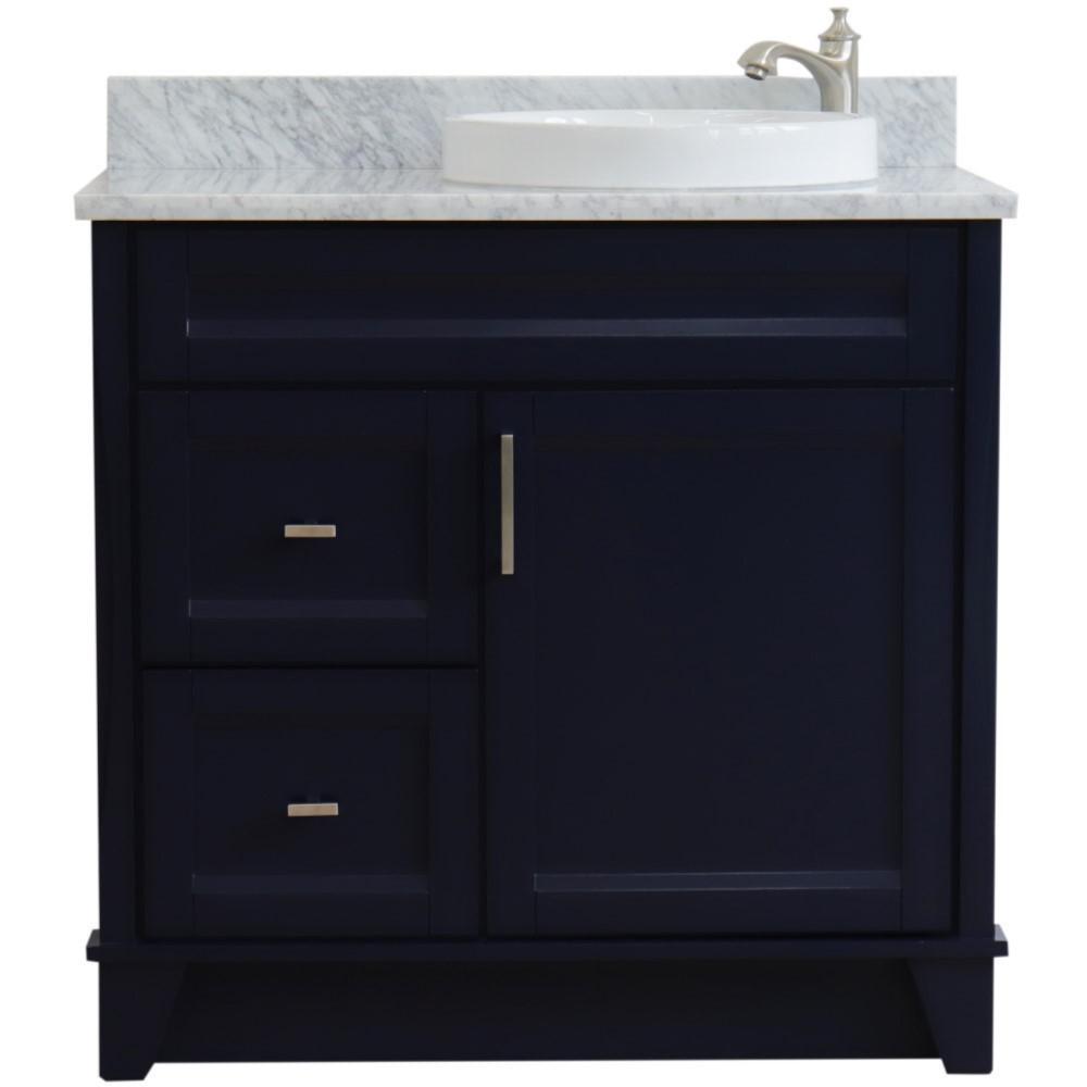 Single sink vanity in Blue with White Carrara marble and LEFT round sink. Picture 5