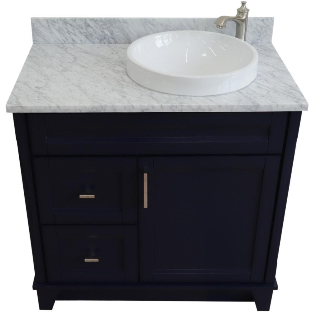 Single sink vanity in Blue with White Carrara marble and LEFT round sink. Picture 8