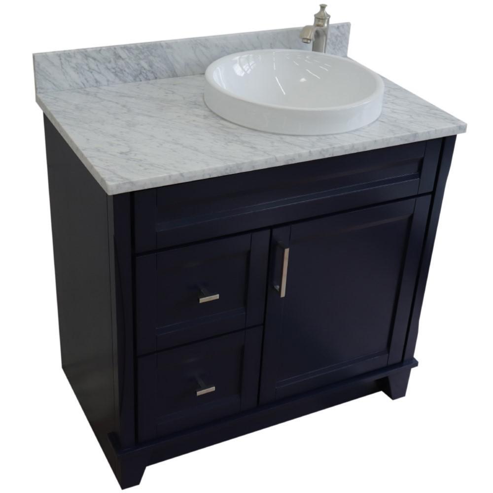 Single sink vanity in Blue with White Carrara marble and LEFT round sink. Picture 9