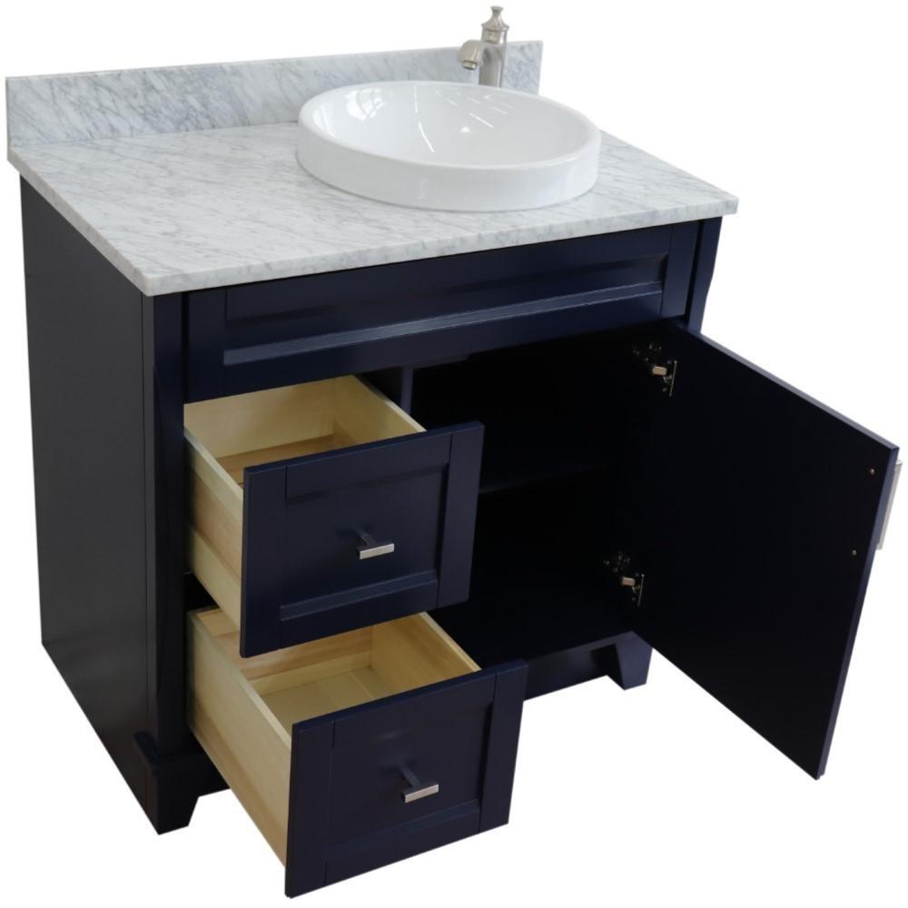 Single sink vanity in Blue with White Carrara marble and LEFT round sink. Picture 10