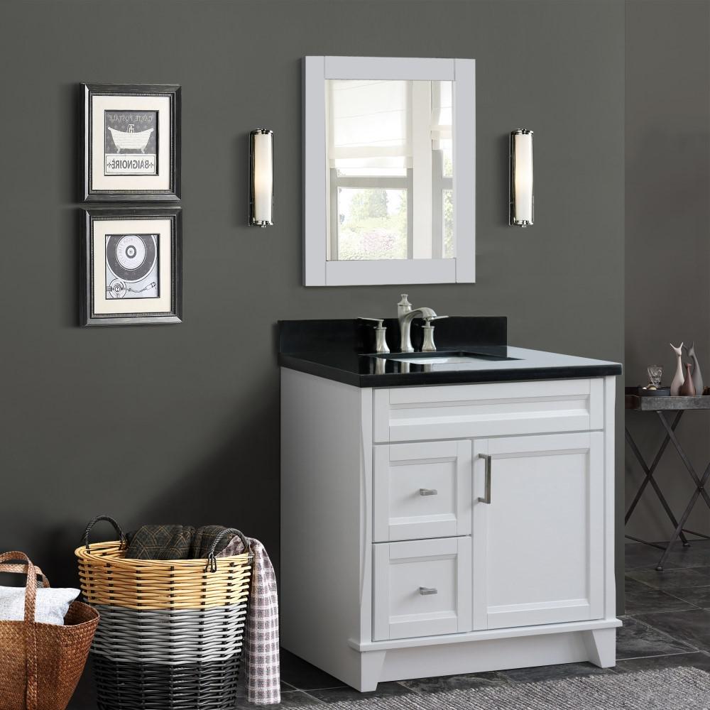 Single sink vanity in White with Black galaxy granite and rectangle sink. Picture 2
