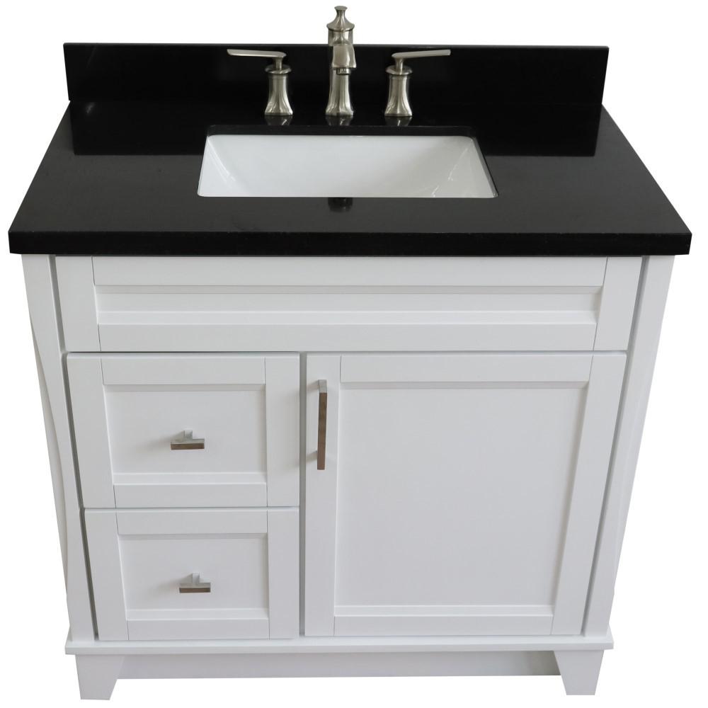 Single sink vanity in White with Black galaxy granite and rectangle sink. Picture 13