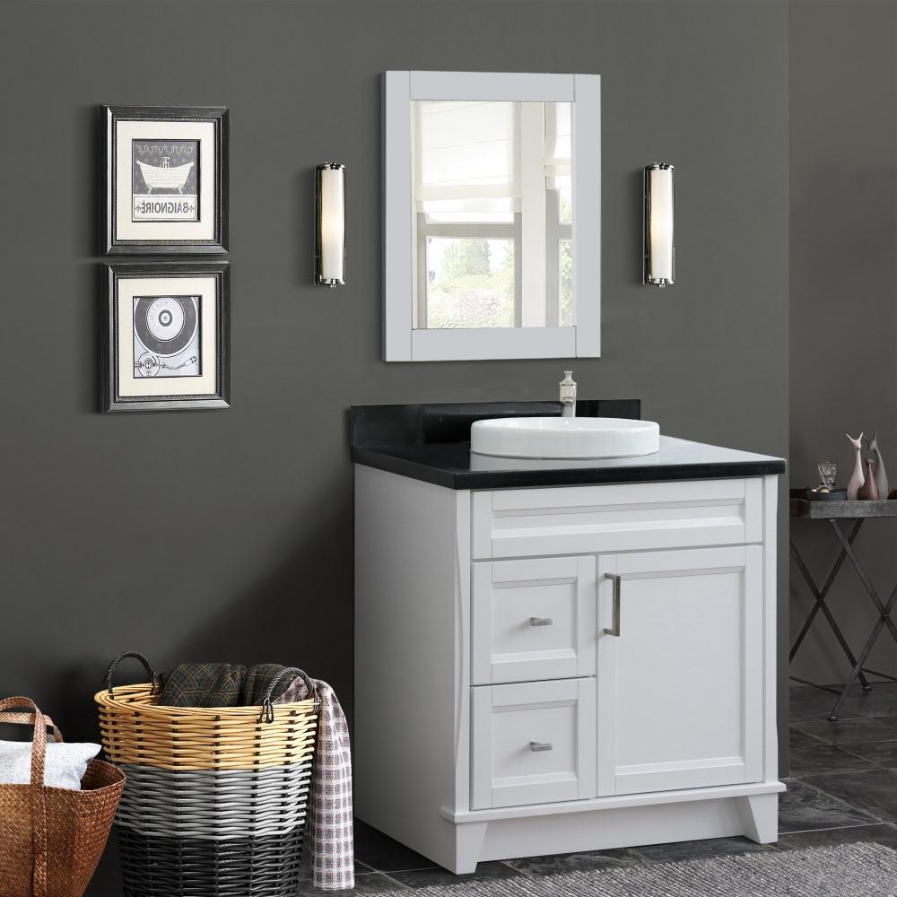 Single sink vanity in White with Black galaxy granite and CENTER round sink. Picture 2