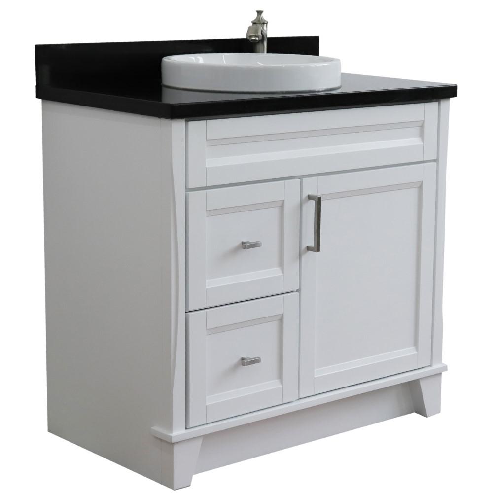 Single sink vanity in White with Black galaxy granite and CENTER round sink. Picture 7