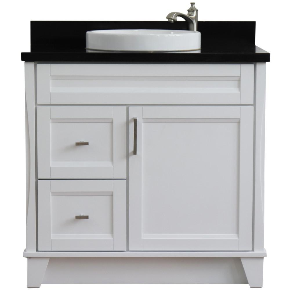 Single sink vanity in White with Black galaxy granite and CENTER round sink. Picture 10