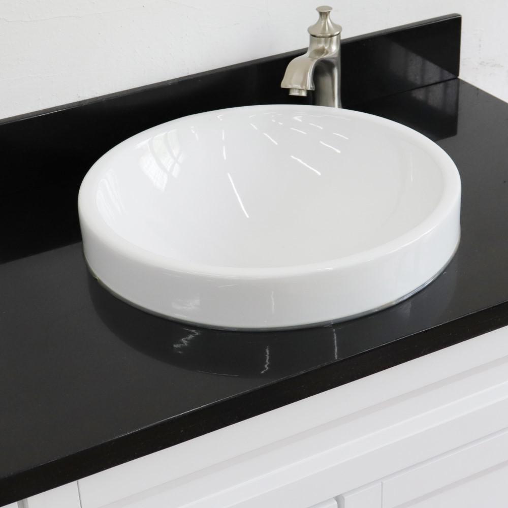 Single sink vanity in White with Black galaxy granite and CENTER round sink. Picture 11