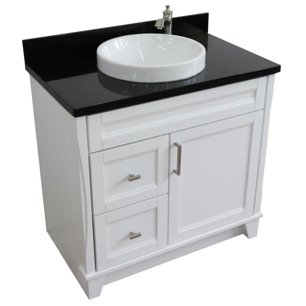 Single sink vanity in White with Black galaxy granite and CENTER round sink. Picture 14