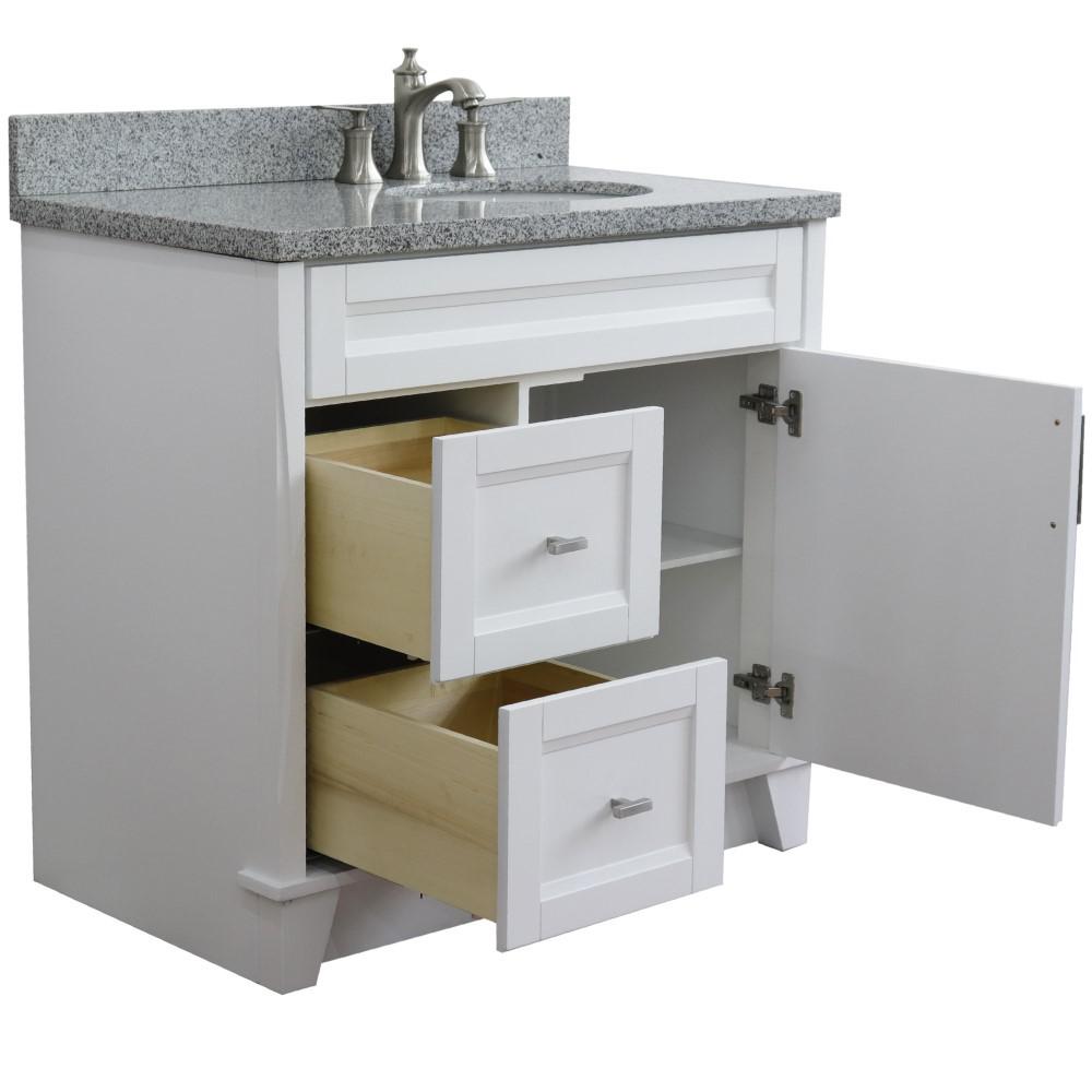 Single sink vanity in White with Gray granite and LEFT oval sink. Picture 7