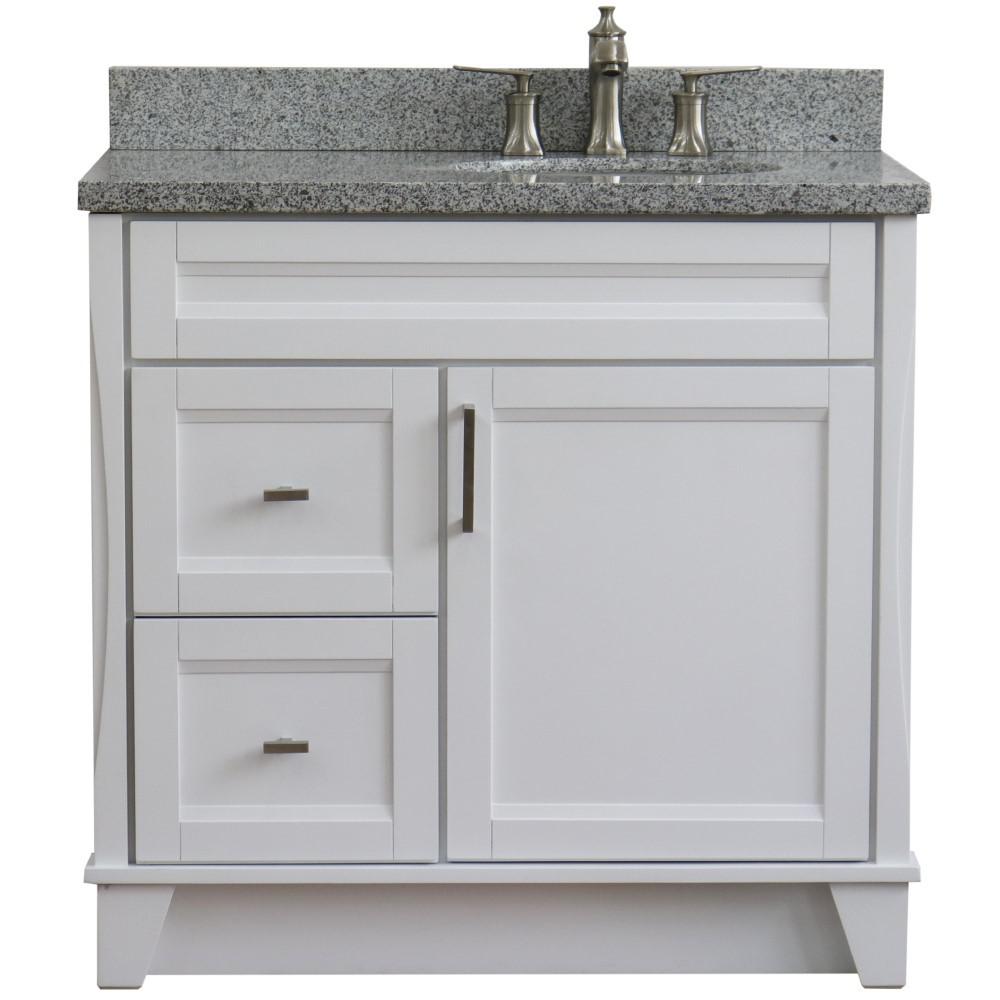 Single sink vanity in White with Gray granite and LEFT oval sink. Picture 8