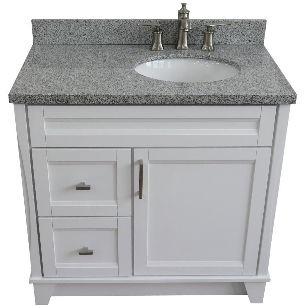 Single sink vanity in White with Gray granite and LEFT oval sink. Picture 11