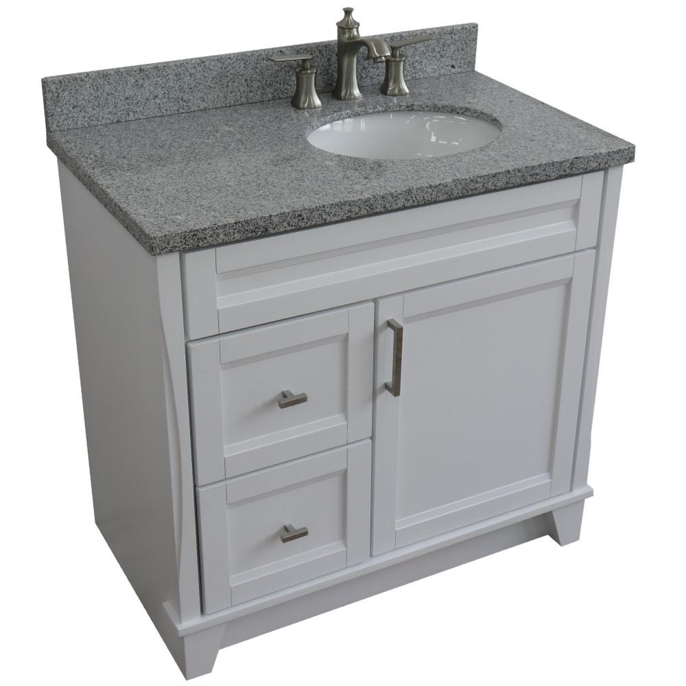 Single sink vanity in White with Gray granite and LEFT oval sink. Picture 12