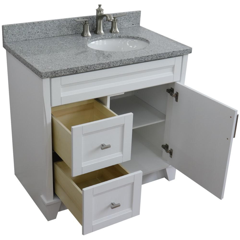 Single sink vanity in White with Gray granite and LEFT oval sink. Picture 13