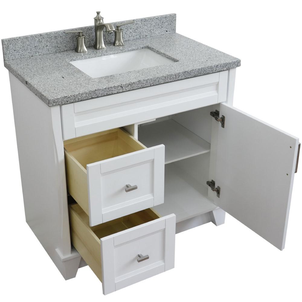 Single sink vanity in White with Gray granite and CENTER rectangle sink. Picture 3