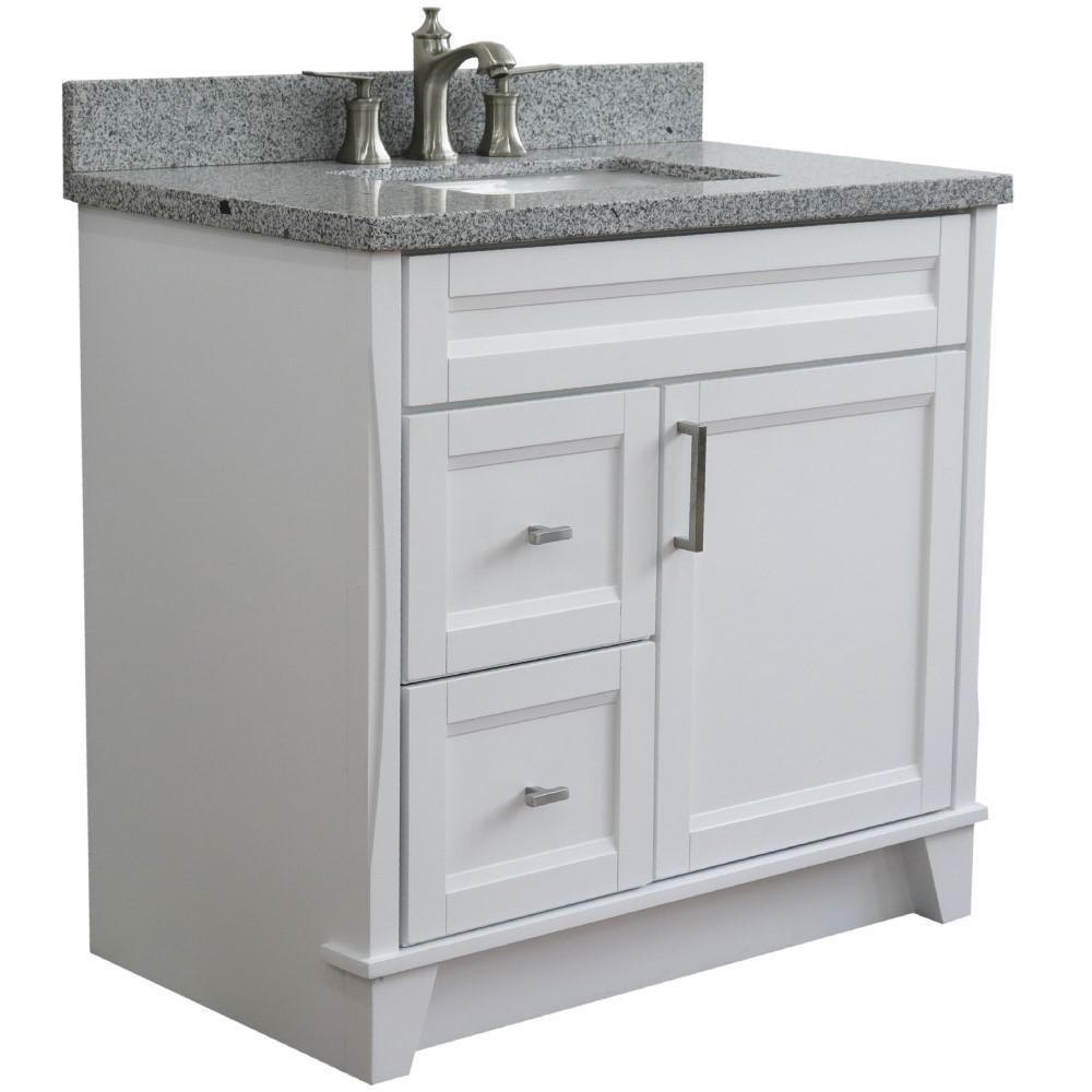 Single sink vanity in White with Gray granite and CENTER rectangle sink. Picture 7