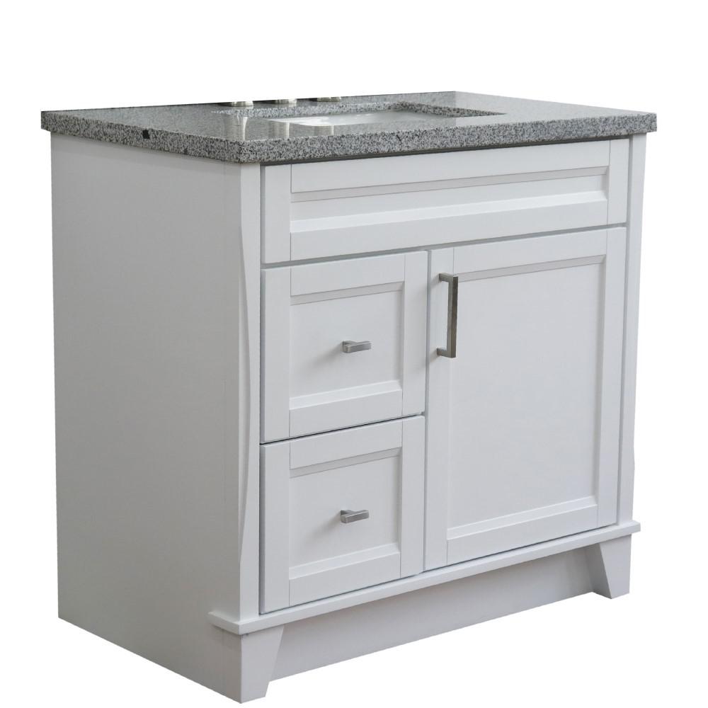 Single sink vanity in White with Gray granite and CENTER rectangle sink. Picture 8