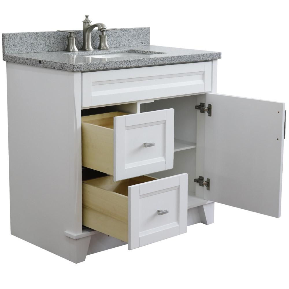 Single sink vanity in White with Gray granite and CENTER rectangle sink. Picture 9