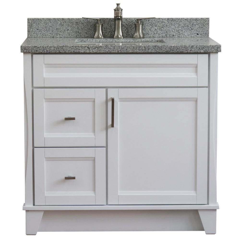 Single sink vanity in White with Gray granite and CENTER rectangle sink. Picture 10