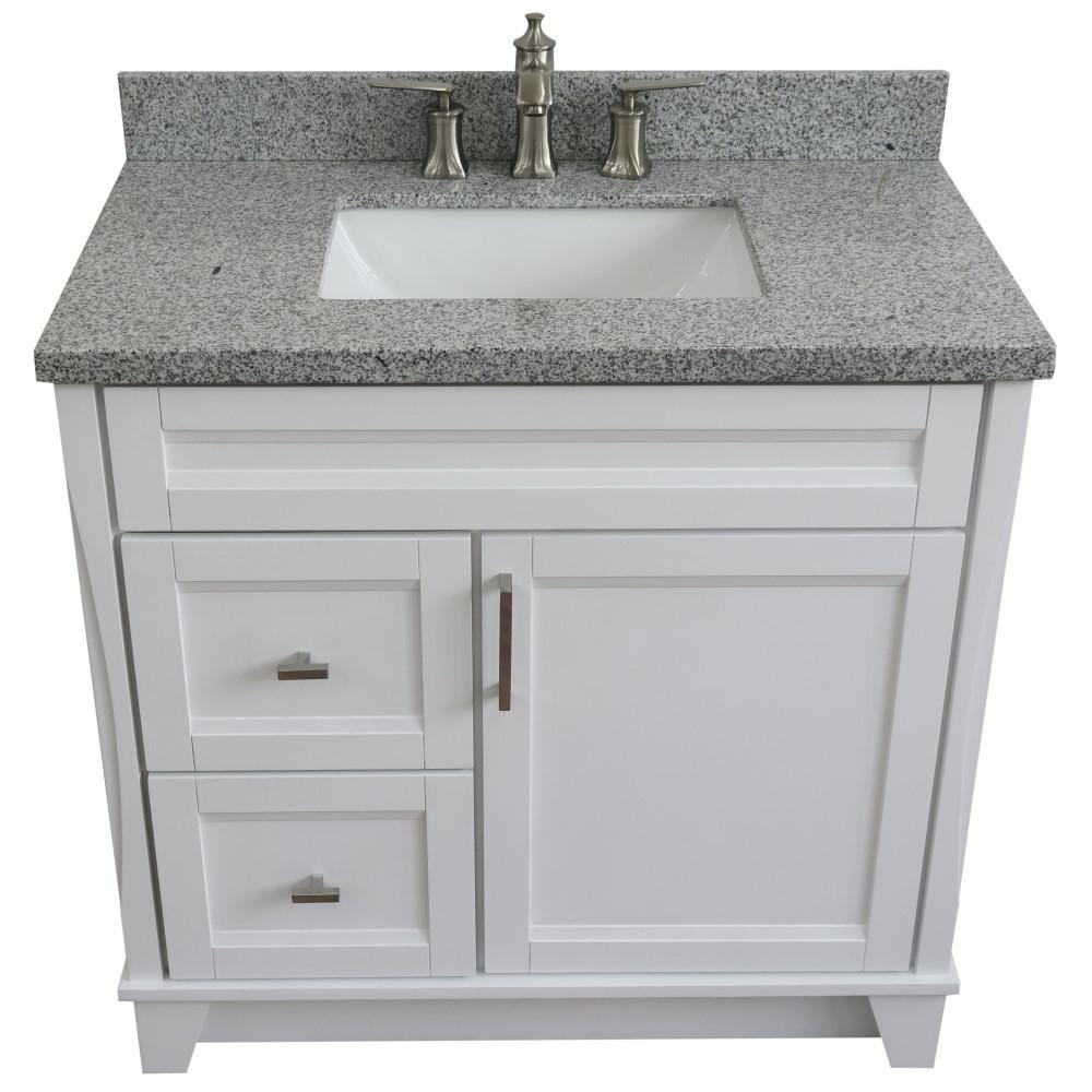 Single sink vanity in White with Gray granite and CENTER rectangle sink. Picture 13