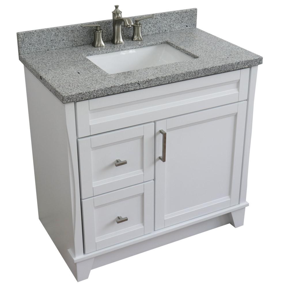 Single sink vanity in White with Gray granite and CENTER rectangle sink. Picture 14