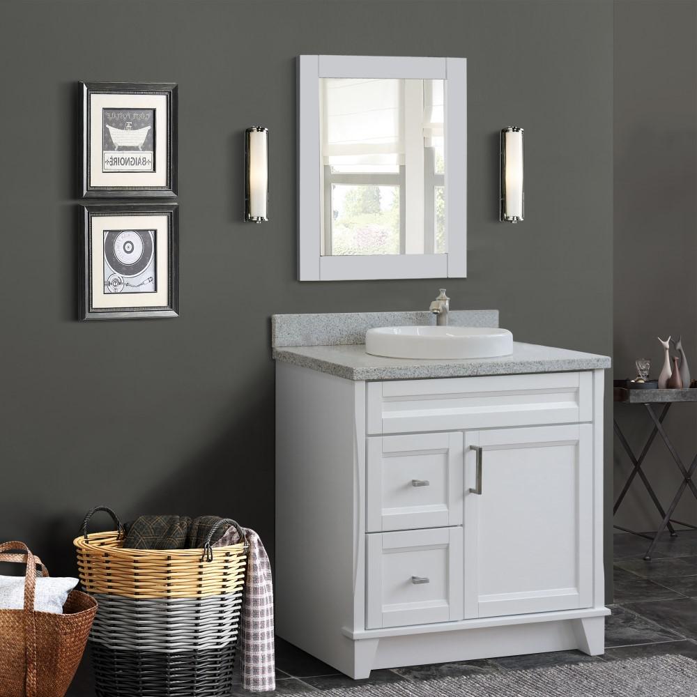 Single sink vanity in White with Gray granite and CENTER round sink. Picture 2