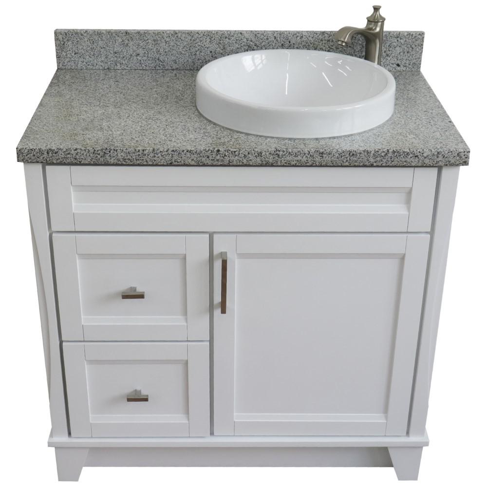 Single sink vanity in White with Gray granite and LEFT round sink. Picture 11