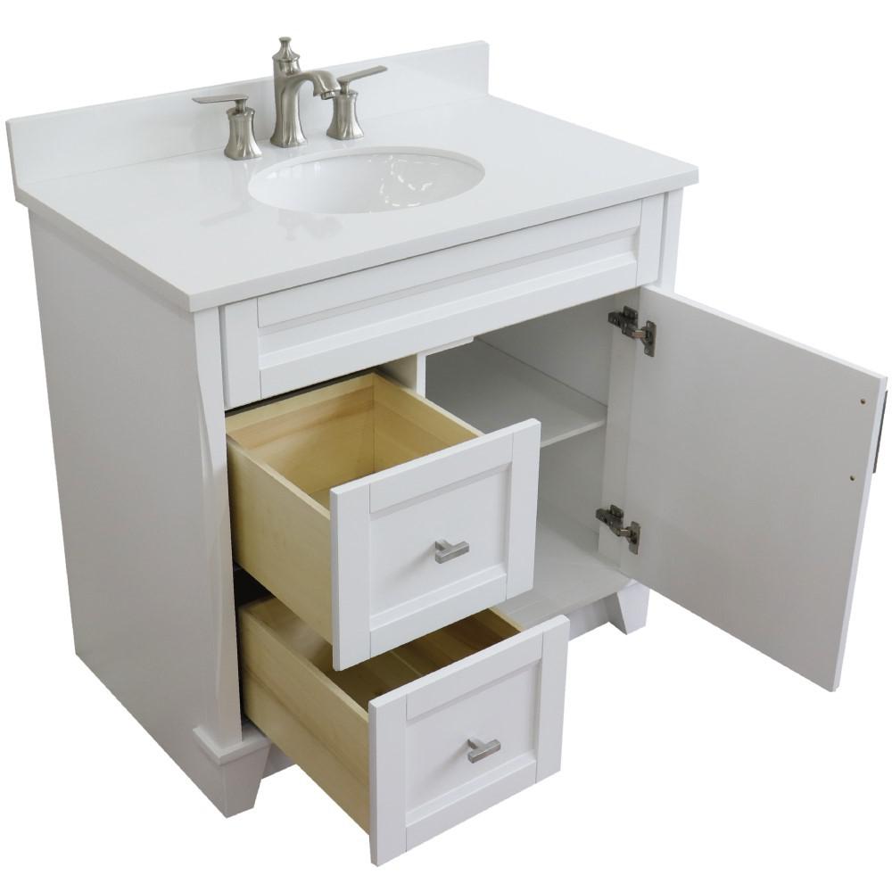 Single sink vanity in White with White quartz and CENTER oval sink. Picture 3