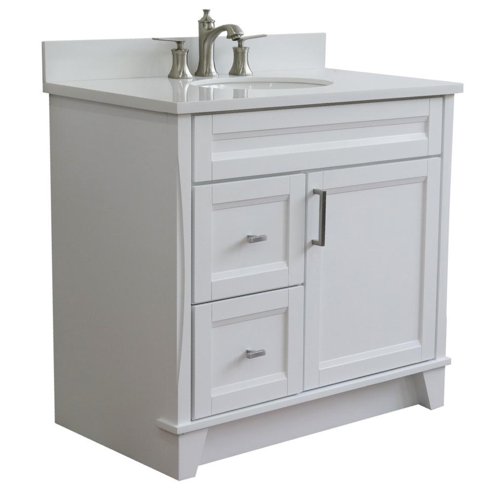 Single sink vanity in White with White quartz and CENTER oval sink. Picture 7