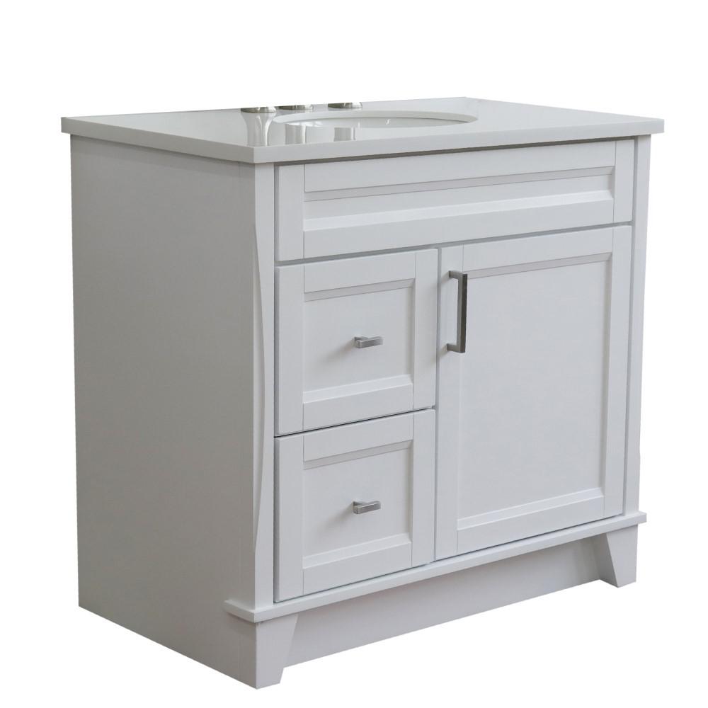 Single sink vanity in White with White quartz and CENTER oval sink. Picture 8