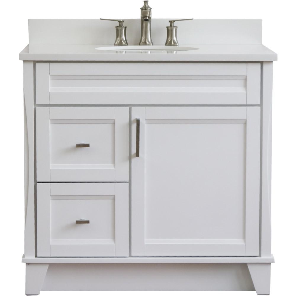 Single sink vanity in White with White quartz and CENTER oval sink. Picture 10