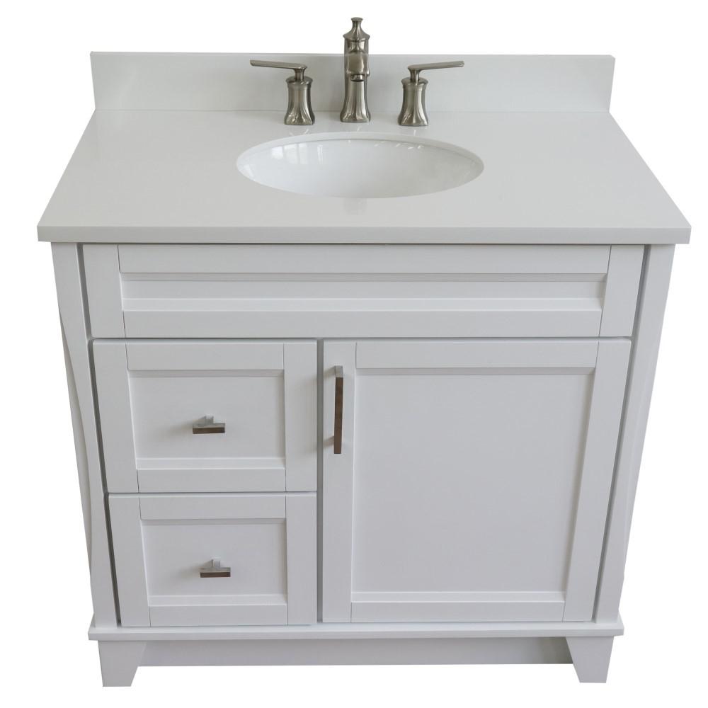 Single sink vanity in White with White quartz and CENTER oval sink. Picture 13