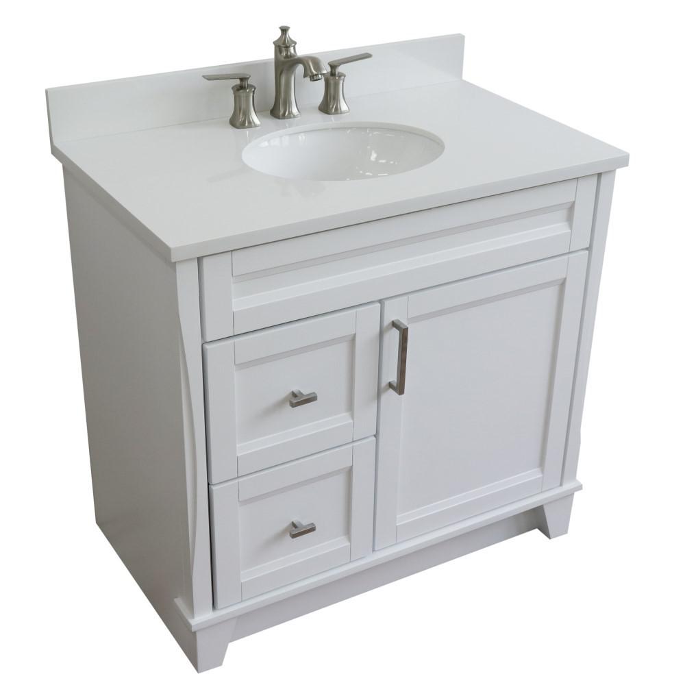 Single sink vanity in White with White quartz and CENTER oval sink. Picture 14