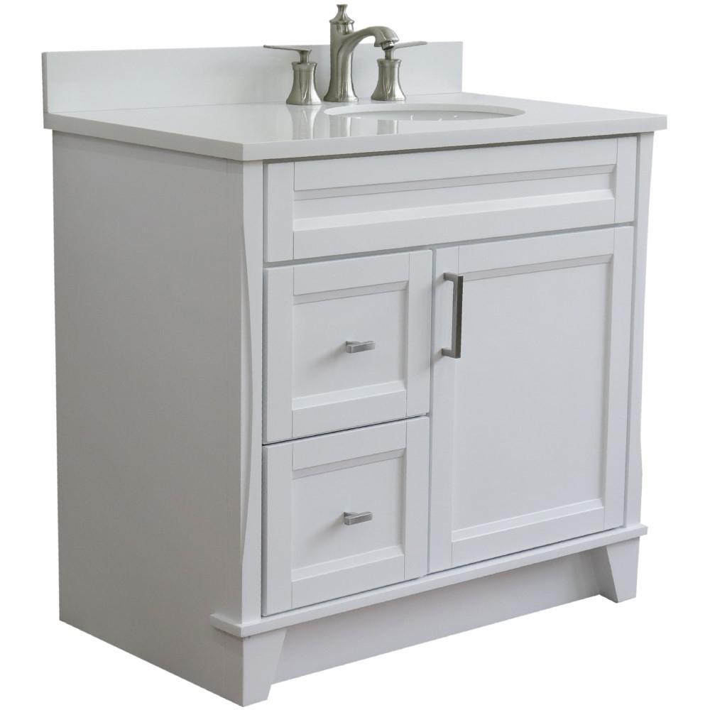 Single sink vanity in White with White quartz and LEFT oval sink. Picture 6