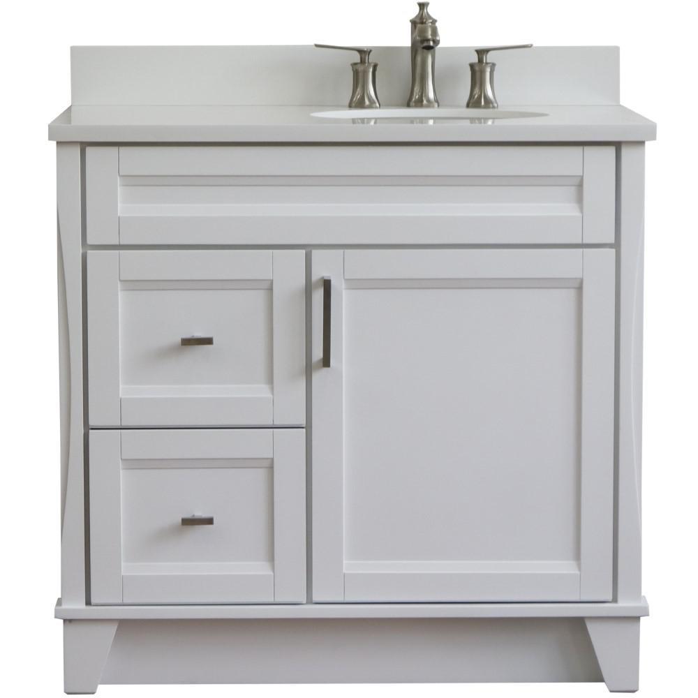 Single sink vanity in White with White quartz and LEFT oval sink. Picture 8