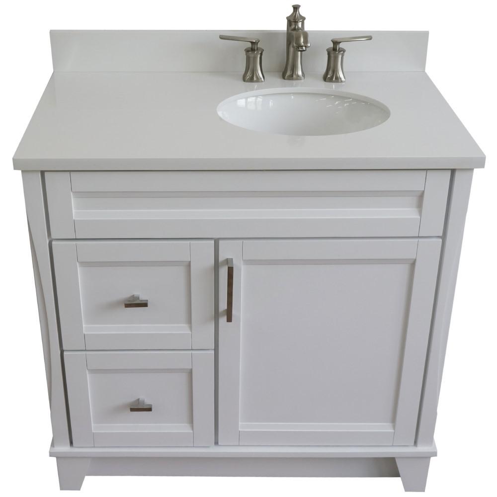 Single sink vanity in White with White quartz and LEFT oval sink. Picture 11