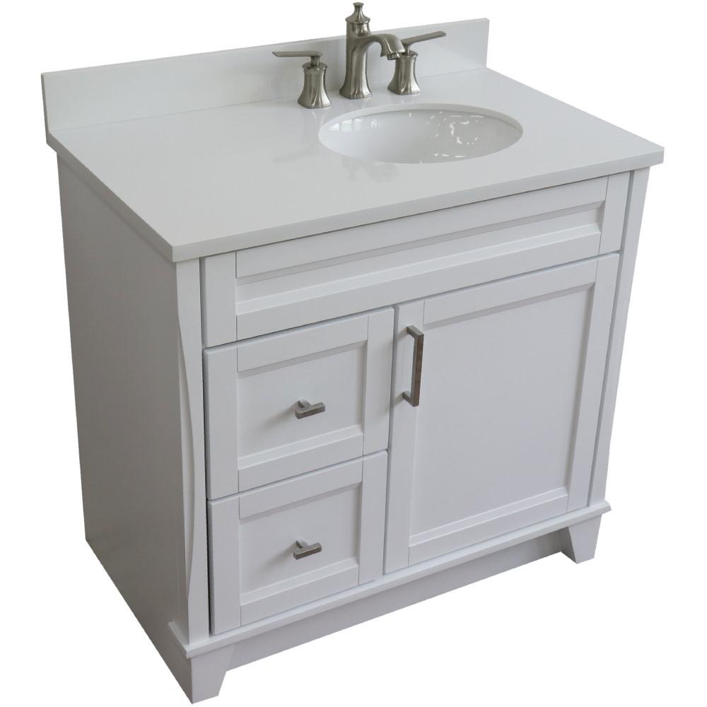 Single sink vanity in White with White quartz and LEFT oval sink. Picture 12