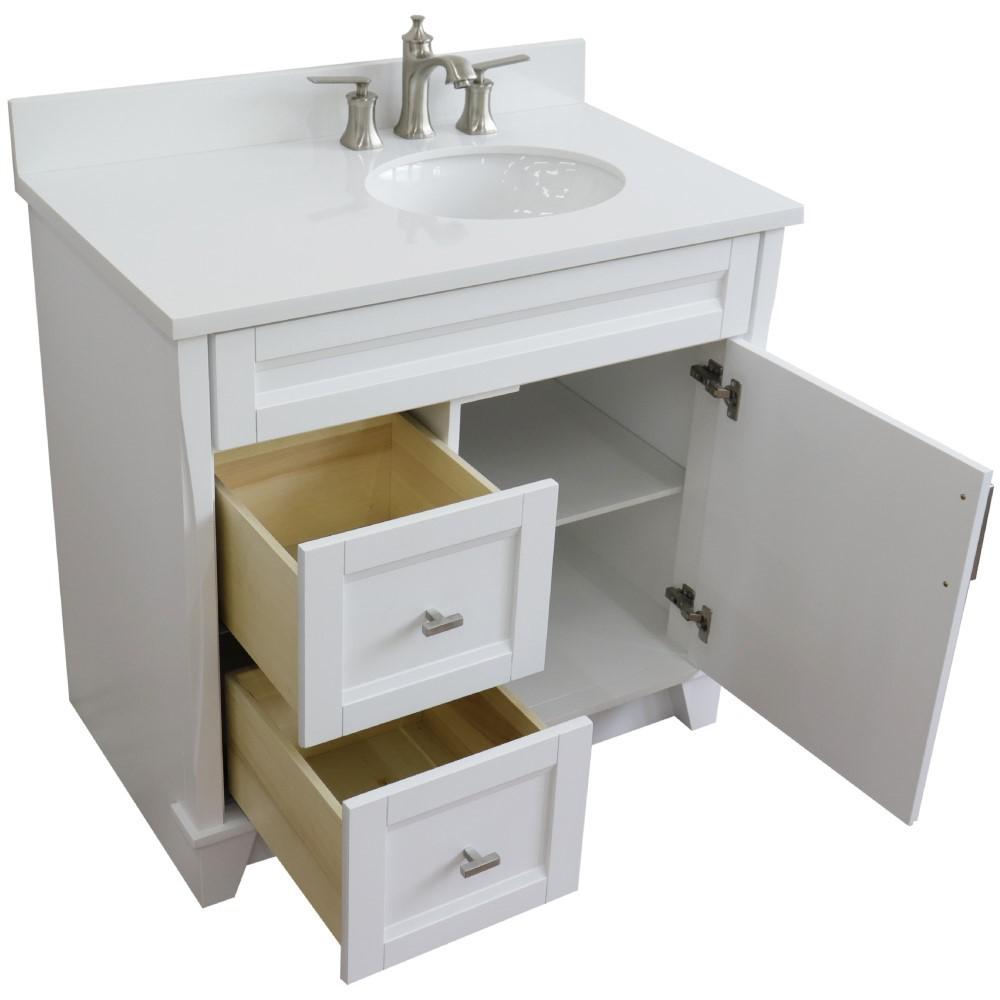Single sink vanity in White with White quartz and LEFT oval sink. Picture 13