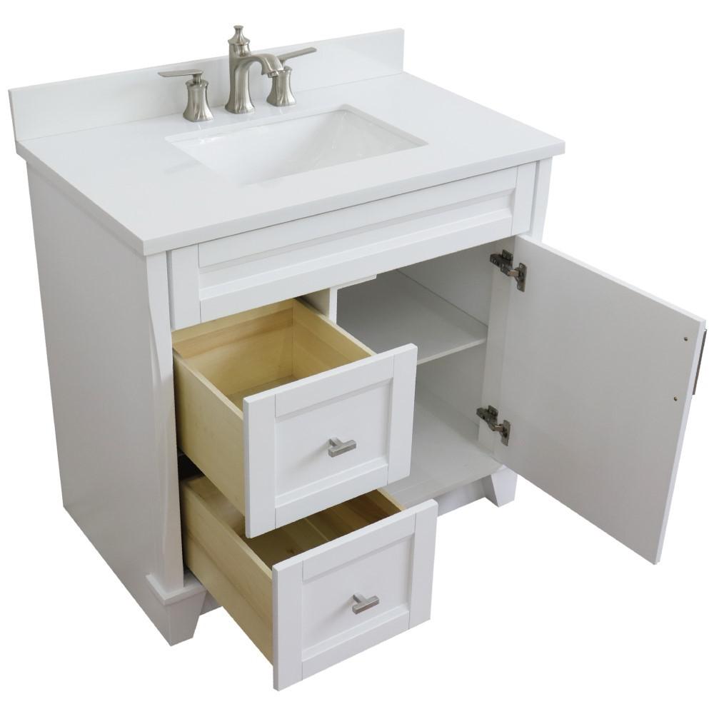 Single sink vanity in White with White quartz and CENTER rectangle sink. Picture 3