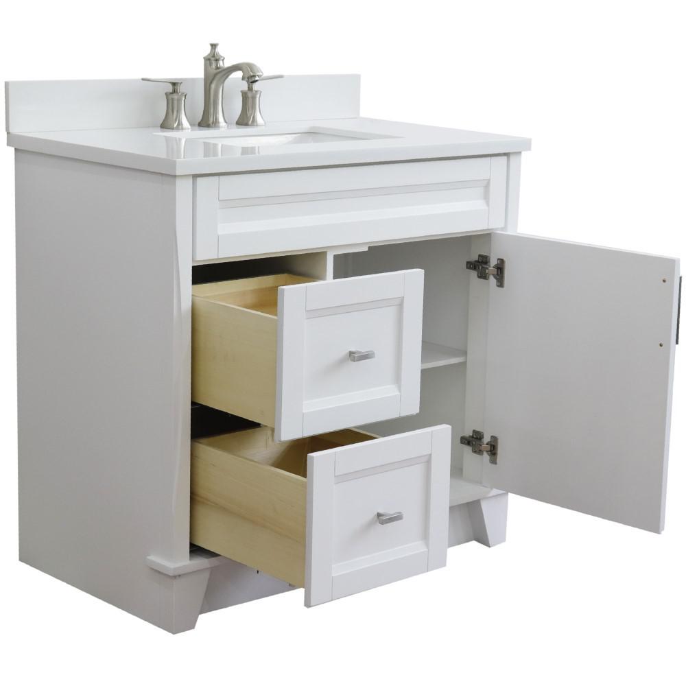 Single sink vanity in White with White quartz and CENTER rectangle sink. Picture 9
