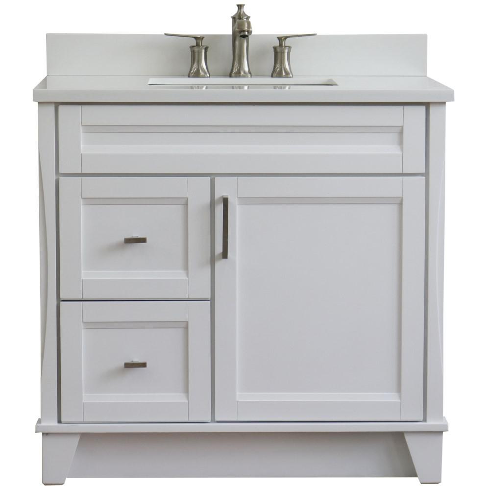 Single sink vanity in White with White quartz and CENTER rectangle sink. Picture 10