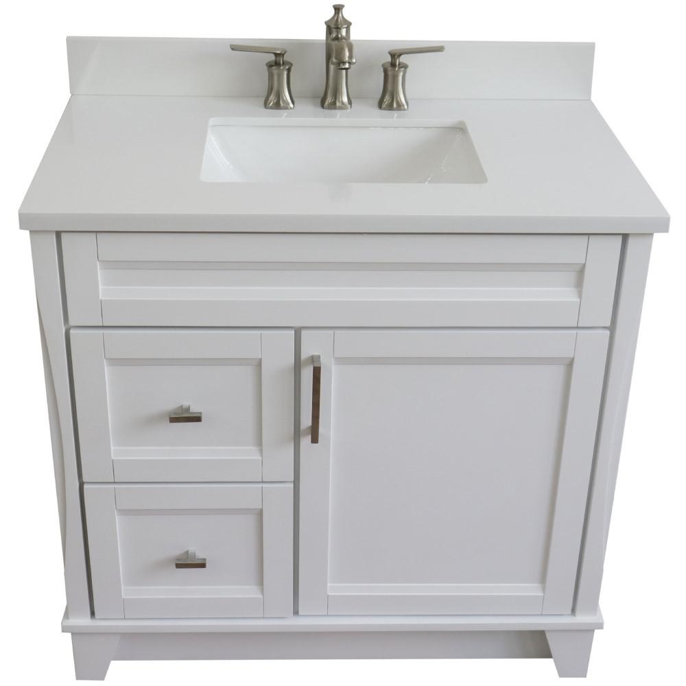Single sink vanity in White with White quartz and CENTER rectangle sink. Picture 13