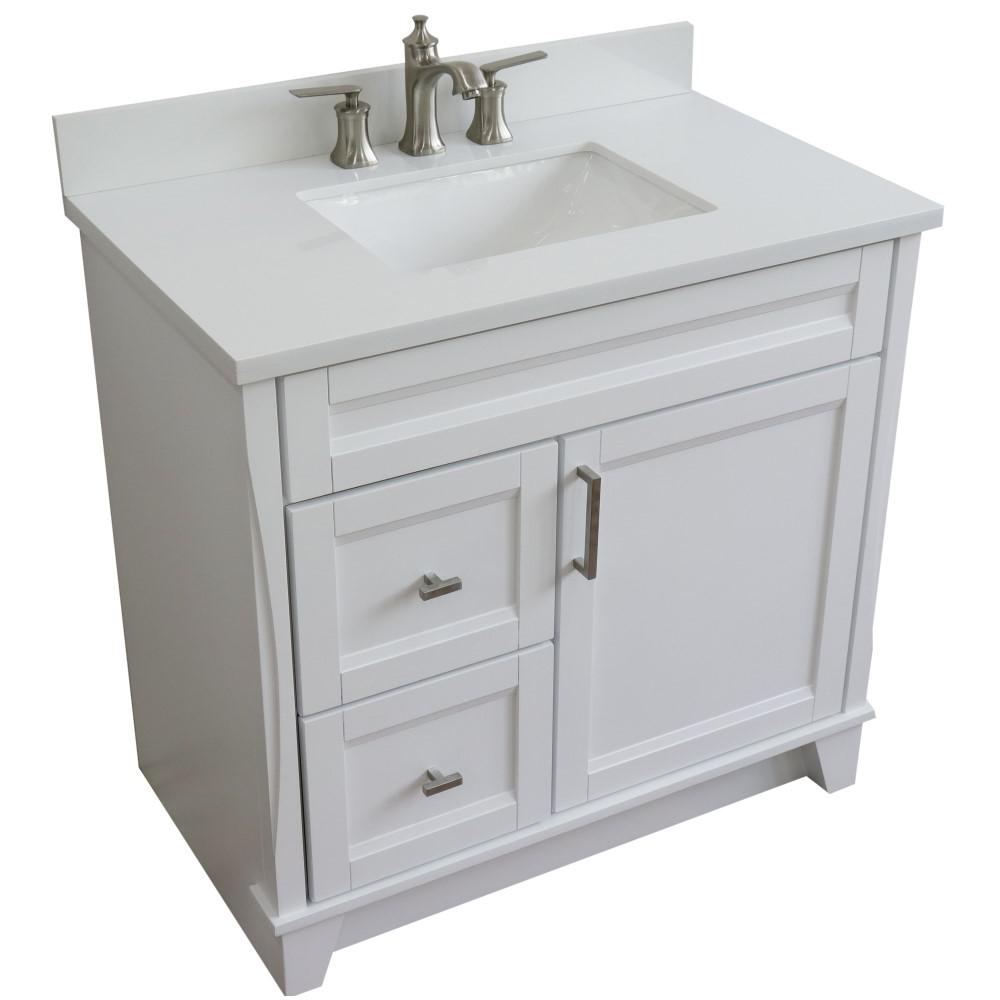 Single sink vanity in White with White quartz and CENTER rectangle sink. Picture 14