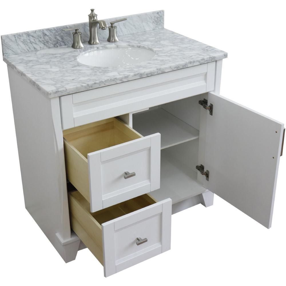 Single sink vanity in White with White Carrara marble and CENTER oval sink. Picture 3